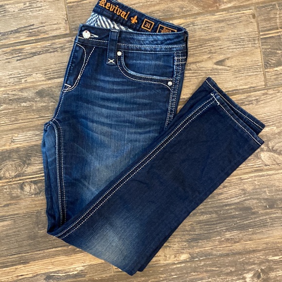 Rock Revival Sz 31 Sora Skinny Jeans Medium/Dark Wash Rhinestone Button - Picture 7 of 9